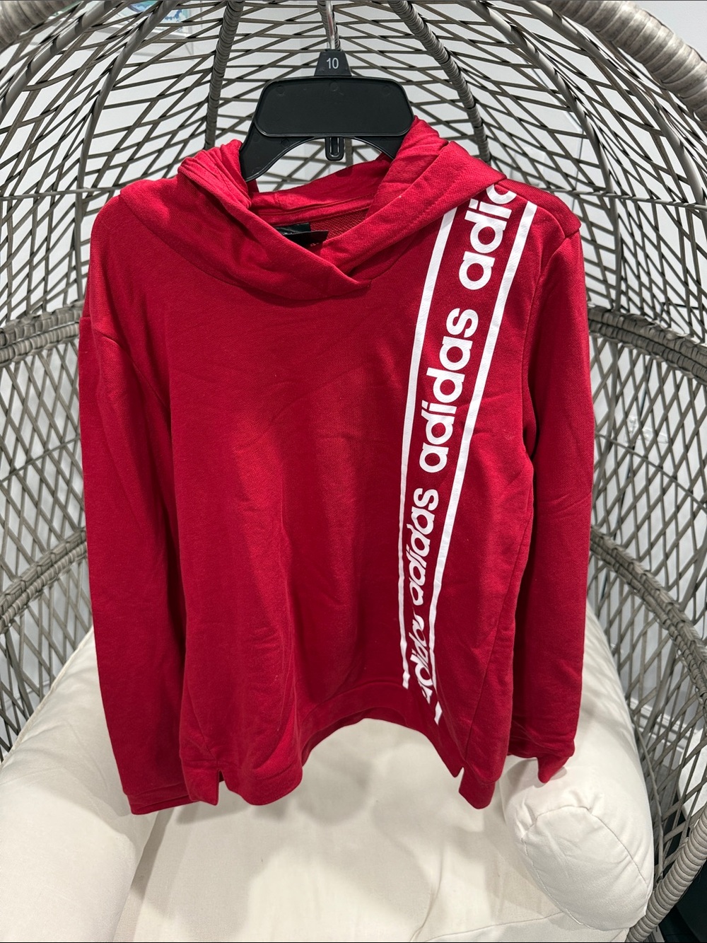 adidas Red Pullover Hoodie with Vertical White Logo Tape